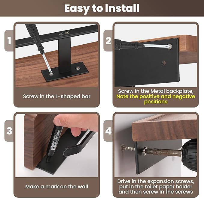 Double Toilet Paper Holder with Walnut Wood Shelf - Wall Mount & Self-Adhesive Bathroom Tissue Roll Holder, Black Stainless Steel with Walnut Shelf for Phone - Home Apartment Restroom