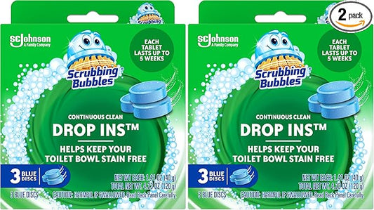 Scrubbing Bubbles Continuous Clean Toilet Drop-Ins, Automatic Blue Toilet Bowl Cleaner, Septic-Safe Tank Tablets Remove Hard Water Minerals & Limescale, Stain & Smell Protection, 3 Count (Pack of 2)