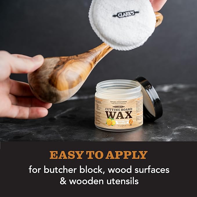 CLARK'S Cutting Board Wax - 2-in-1 Wood Butter & Food Grade Mineral Oil with Beeswax – Butcher Block Conditioner for Cutting Boards – Orange & Lemon Essential Oil Scent – Made in USA, 6oz