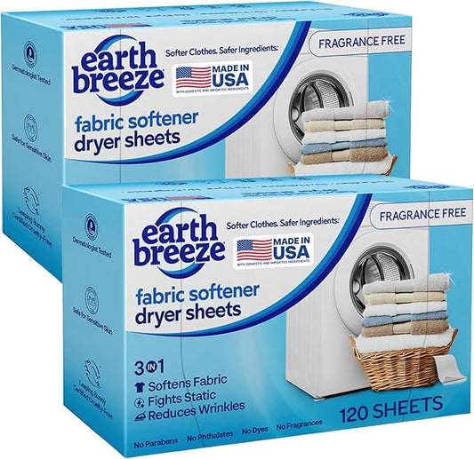 Earth Breeze Fabric Softener Dryer Sheets – Fragrance Free, Hypoallergenic, No Harsh Chemicals, Safe for Sensitive Skin – Static Cling & Wrinkle Reducer – Gentle Fabric Care – Made in USA (2 Pack)