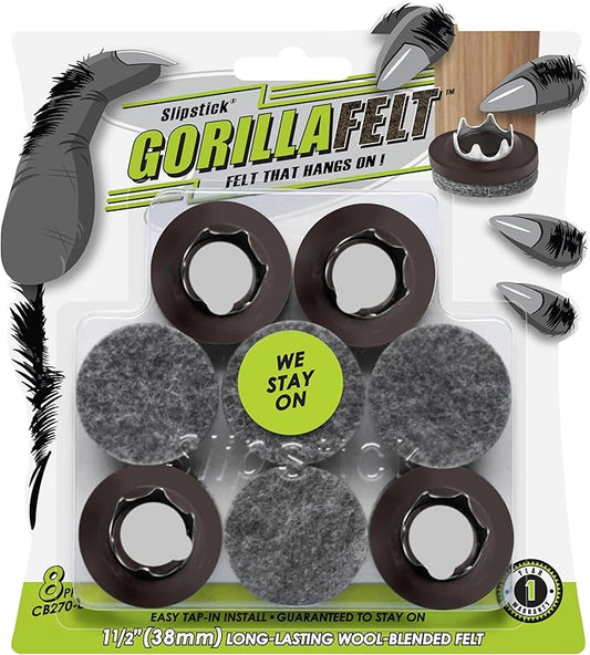 Slipstick GorillaFelt 1-1/2 Inch Felt Glides/Furniture Feet Floor Protectors (Set of 8 Sliders) Nail On Felt Furniture Pads Guaranteed to Stay On, Round, CB270-8