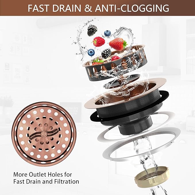 Kitchen Sink Drain Assembly 3-1/2 Inch Stainless Steel Kitchen Drain with T-Shaped Sink Strainer Basket and Drain Stopper for Standard Kitchen Sink Antique Copper