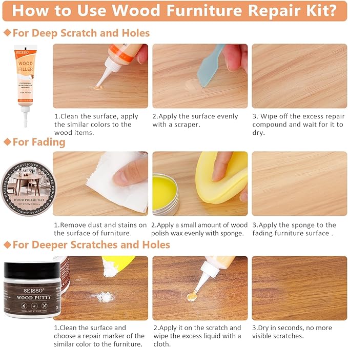 Wood Furniture Repair Kit, 6 Colors Wood Touch up Fillers Hardwood Laminate Vinyl Floor Repair Kit with Wood Putty, Wood Polish Wax for Hole, Scratch, Crack, Stain (Peach Wood 16Pcs)