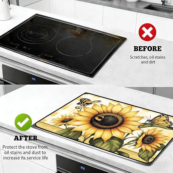 Glass Stove Top Covers for Electric Stove, Heat Resistant Counter Protector Mat, Non Slip Waterproof Surface Cover for Kitchen Counter and Cooktop (Sunflower Check, 28"L x 20"W)
