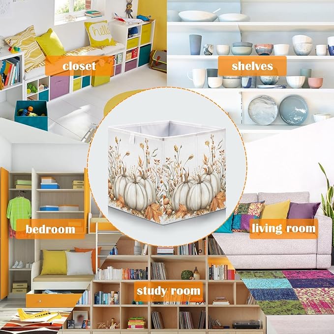 White Pumpkins and Fall Flowers Leaves Autumn Colors O Closet Organizers Storage Cubes Storage Bins Shelf Baskets Containers for Home Room Office,Rectangle