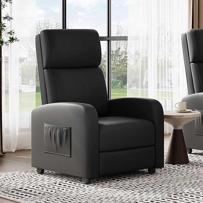 Garvee Recliner Chair for Adults, PU Leather Lazy Recliner Ergonomic Adjustable Single Sofa Enhanced with Side Pocket, Tall Back, Wide Arms & Padded Seat, Home Theater Seating for Living Room