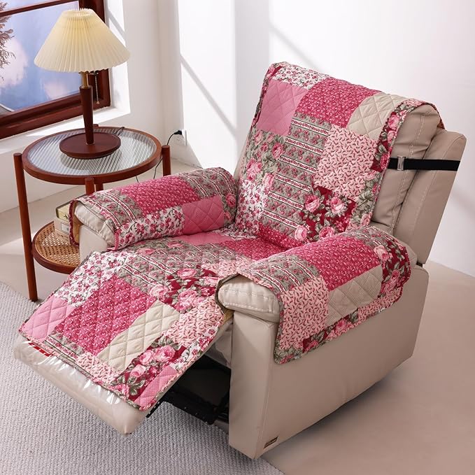 Skidproof Sofa Cover-Patchwork Sofa Slipcover with Elastic Straps-Easy Fit Slip Cover-Washable Furniture Protector for Pets and Kids(Recliner,Hot Pink)