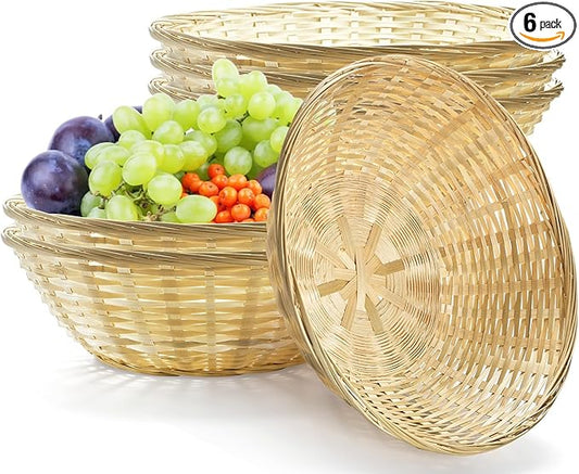 6 Pack Bamboo Bread Basket, 12 Inch Large Round Gift Baskets, Natural Bamboo Woven Wicker Berry Fruit Basket Food Storage Bin for Picnic Kitchen Restaurant