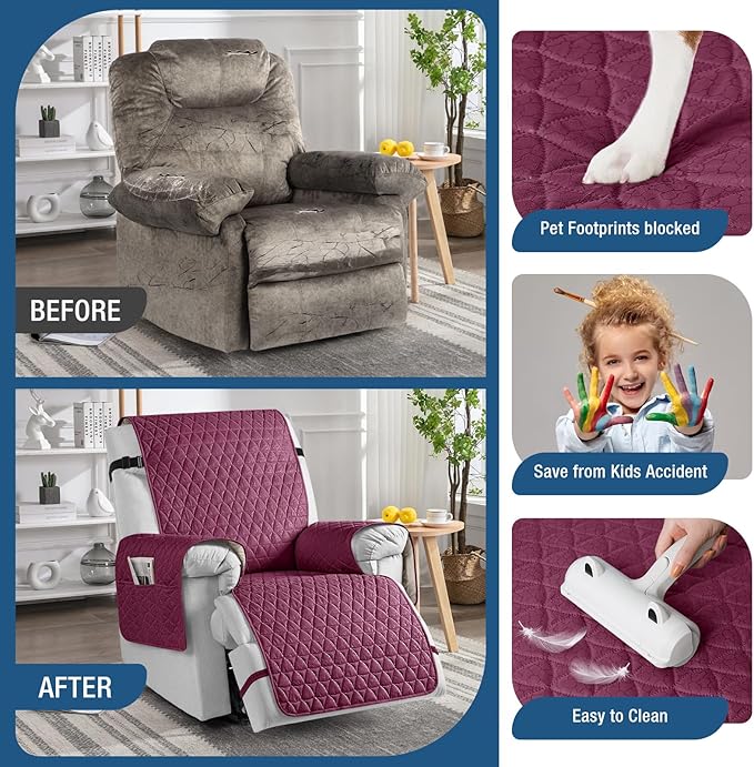 TAOCOCO 100% Waterproof Recliner Cover - Recliner Chair Covers with Non-Slip Granule, Elastic Band, Wine, Oversized-30''