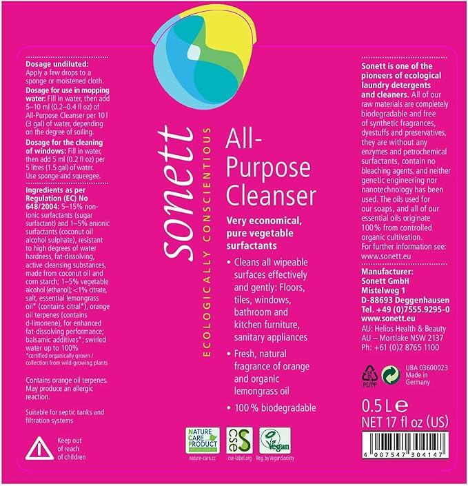 Sonett organic All Purpose Cleaner 16.9 Fl oz/ 500ml -Strong grease and dirt-dissolving properties. Orange and lemongrass oils ensure that cleaner is very skin-friendly with a soothing scent