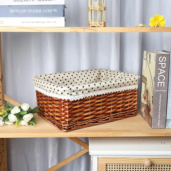 Multipurpose Rectangular Wicker Storage Baskets with Removable Washable Liner - Willow Woven Containers for Kitchen Food, Bathroom Towel, Home Sundries Organizer and Garden