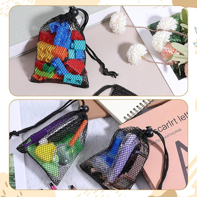 TIESOME 10 Pcs Mesh Drawstring Bags, 6" x 4" (15×10cm) Small Mesh Bag With Cord Lock Closure, Durable Breathable Net Bags For Laundry, Travel, Beach Toys, Seashell Collecting (Black)