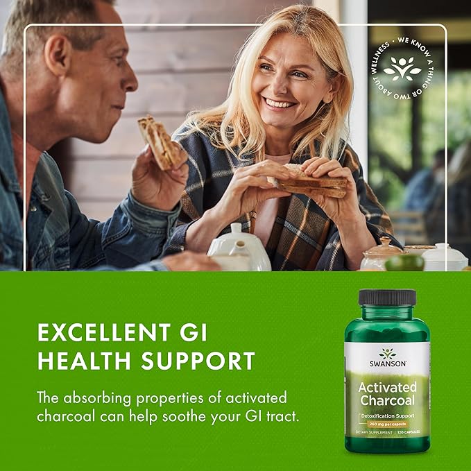 Swanson Activated Charcoal - Digestive Health Supplement - Aids Occasional Gas & Bloating - Offers Detoxification & Bowel Support - Helps Calm Stomach* - Non-GMO - 120 Capsules