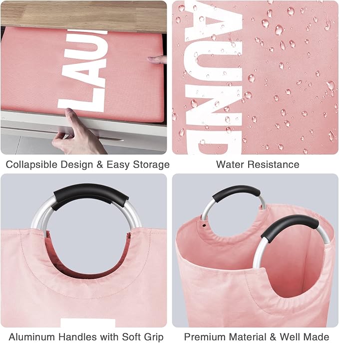 Large Laundry Basket Collapsible，Freestanding Clothes Hamper Bag with Handles – Tall Folding Dirty Laundry Bin，Sturdy Laundry Sorter for College Dorm，Laundry Room – 115L (Pink)