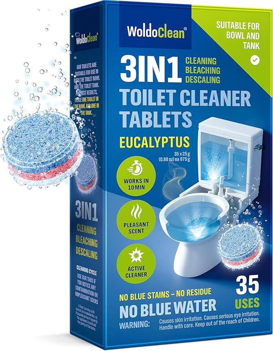 WoldoClean 3in1 Toilet Bowl Cleaner Tablets 35 Uses - Automatic Tank & Bowl Descaler, Heavy Duty Limescale & Hard Water Stain Remover, Eucalyptus Scent, No Blue Water Dye