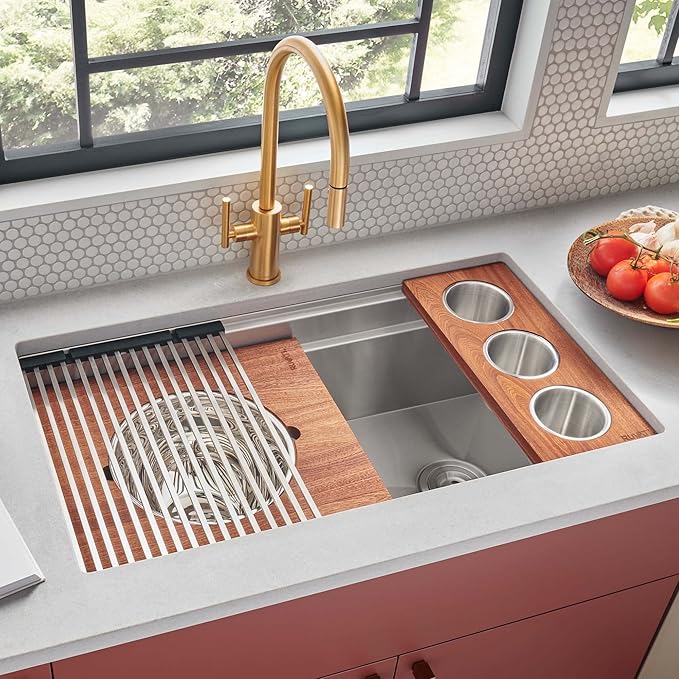 Ruvati 33-inch Undermount Workstation Kitchen Sink – 16 Gauge Stainless Steel kitchen Sink Single Bowl with Cutting Board & Accessories, Brushed Finish Hides Scratches – RVH8222