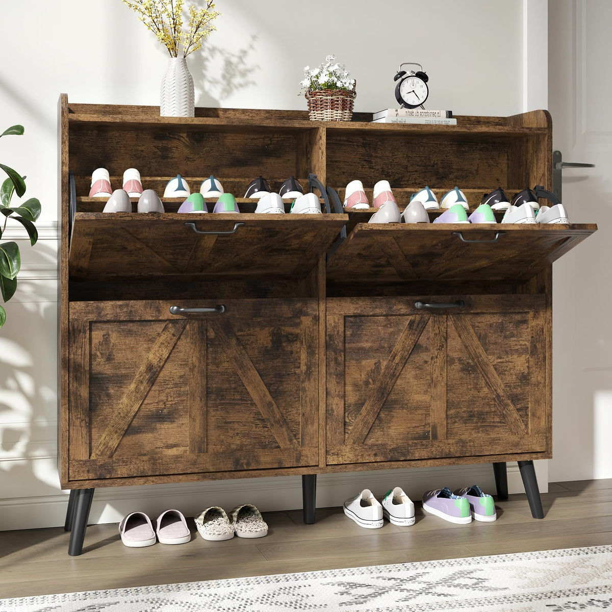 Farmhouse Shoe Cabinet Storage with 4 Flip Drawers, Rustic - Image 1