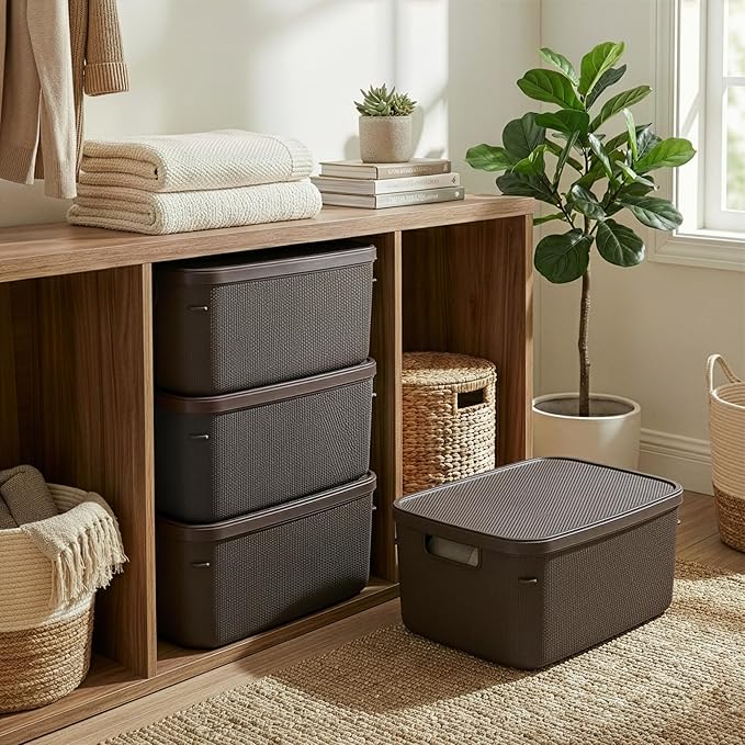 BINO | Plastic Storage Bins with Lids, 13 Liter - 3 Pack, Dark Brown | THE TWILL COLLECTION | Plastic Bins for Organization | Woven Storage Baskets for Organizing | Pantry Shelf Organizer Basket Bin