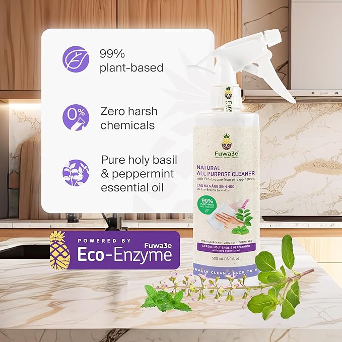 Fuwa3e Pineapple Enzyme Natural All Purpose Cleaner Spray Serene Holy Basil & Peppermint - 16.9oz 3 Pack - Multi Surface Cleaner 99% Plant Based Cleaner from Discarded Pineapple Peels