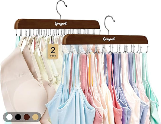 Bra Hanger for Closet, 2 Pack Tank Top Hangers w/20 Hooks Holds 40 Bras, Capacity Foldable Wood Space Saving Hanger, 360°Rotating Closet Organizers and Storage for Dorm & Apartment（Brown）