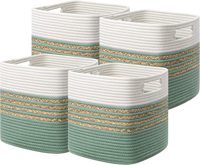 UBBCARE Set of 4 Storage Cubes 11 X 10.5 X 10.5 in, Water Hyacinth Storage Bins for Shelves, Toys, Books, Organizing Baskets with Handles, Cotton Rope Woven Baskets, Green