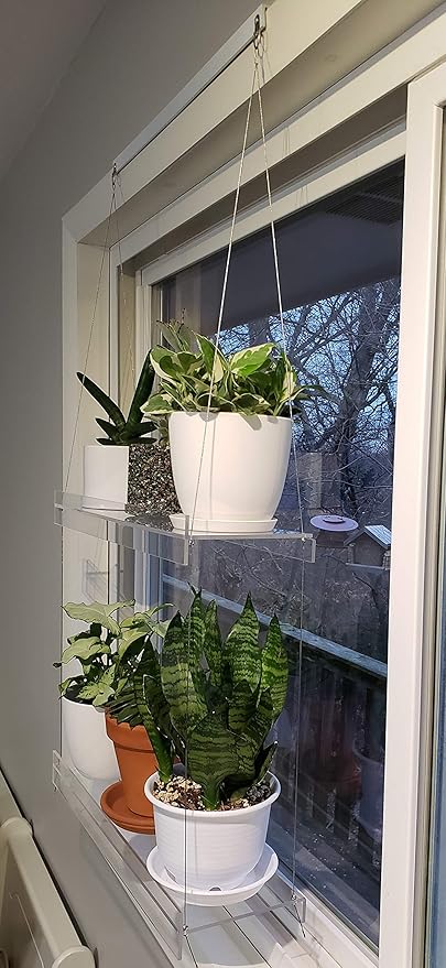 Hanging Acrylic Shelves for Windows (34" Wide, 4 Shelves - 55" Tall)