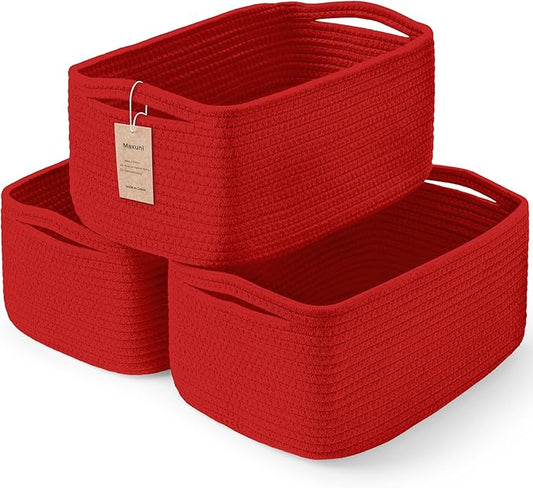 3-Pack Small Storage Baskets for Organizing | Woven Shelf Toy Basket | Rope Baskets for Gifts Empty | Closet Organizer Bins with Handles | Cube Decorative Box | 11.8×7.8×5.1” | Christmas Red