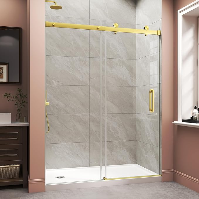 Frameless Shower Door,Single Sliding Glass Shower Door with Nano Coating & Safety Film, Adjustable 43"-48" W x 72" H, Brushed Gold,1/4" (6mm) SGCC Tempered Glass