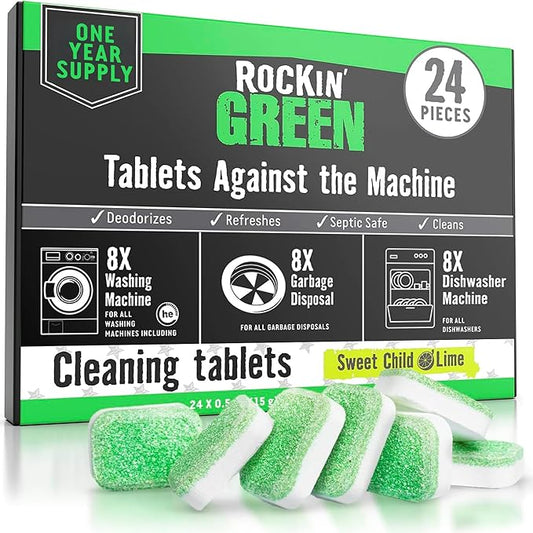 Rockin' Green Deep Cleaning and Deodorizing Tablets for Dishwashers, Washing Machines, and Garbage Disposals, Removes Odor and Residue (Multi-purpose Cleaning Tablets, 24 Pack)