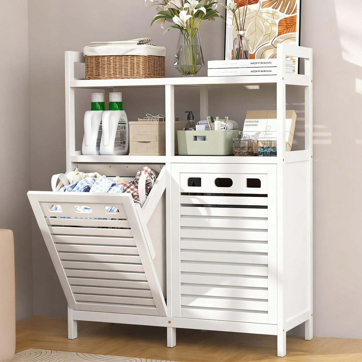 VASMIA Tilt Out Laundry Hamper Cabinet, Bamboo Double Laundry - Image 1