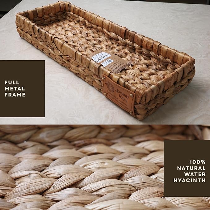 Handmade Water Hyacinth Wicker Storage Basket – Rectangle Organizer Bin for Shelves, Blanket, Bathroom, Closet, Toilet Tank – Decorative & Durable (1, 17.5"x6.7"x2.5")