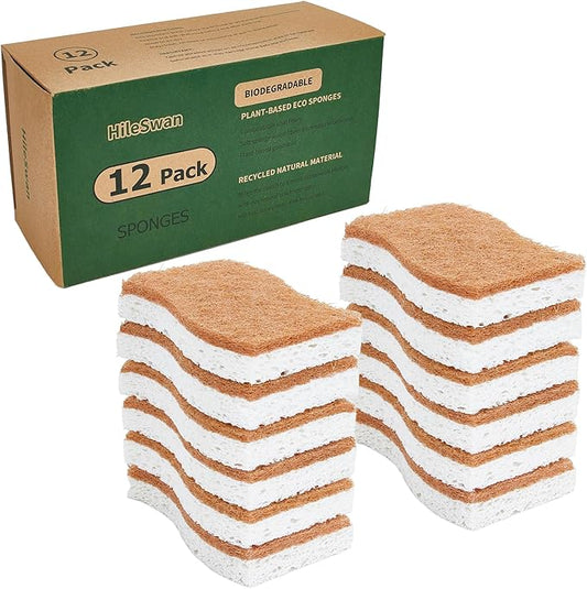 Natural Kitchen Sponges, 12 Pack Non-Scratch Scrubber, Biodegradable Compostable Sisal Cellulose Dish Scrub Sponges, Household Cleaning Sponges for Dishes
