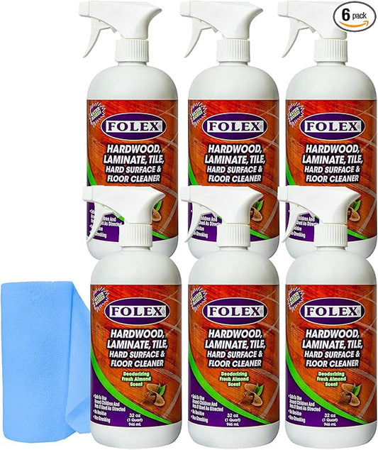FOLEX Hardwood, Laminate, Tile, Hard Surface & Floor Cleaner with Reusable Cleaning Cloth, Fresh Almond Scent, Residue and Streak Free - 6 Pack