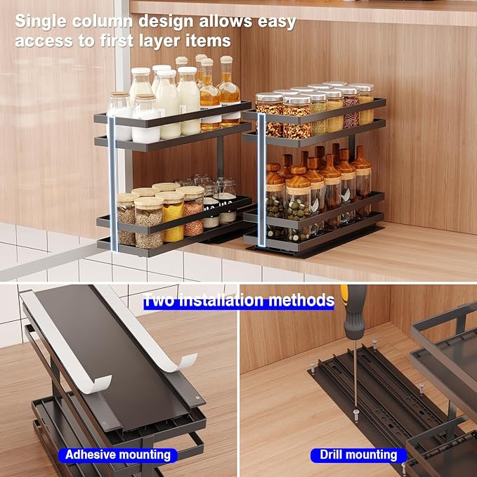 Pull Out Spice Rack Organizer for Cabinet, 1 Pack Metal Seasoning Organizer Slide Out Spice Storage Shelf No Assembly Vertical Spice Rack Pullout for Kitchen Cabinets(2 Tier, Matte Black)