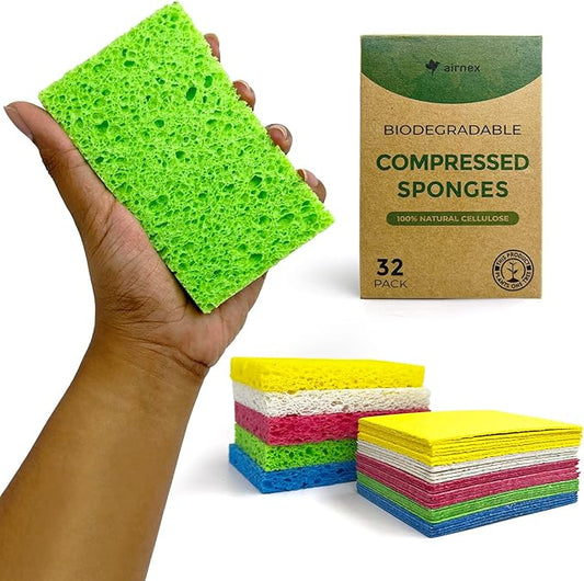 Compressed Cellulose Sponges - 32 Pack Natural Pop Up Dish Sponge for Kitchen - Compostable Plant-Based Cleaning Sponges Bulk – Non Scratch Natural Sponge for Dishes & Household Cleaning