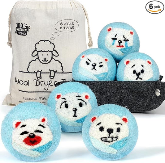 Wool Dryer Balls - Dryer Balls Laundry Reusable - 6-Pack XL Poly Bear Wool Balls for Dryer - Reusable Fabric Softener Ball - Laundry Wool Dryer Balls with Felt Dryer Ball Holder Storage