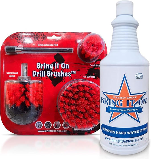 Bring It On Cleaner Drill Brush Attachment Set Three Brushes| Power Scrubber Brush Cleaning Kit | Plus 6 Inch Extension, Use On Grout, Cars, Bathroom Surfaces, Tile, Baseboard, Shower and Tubs