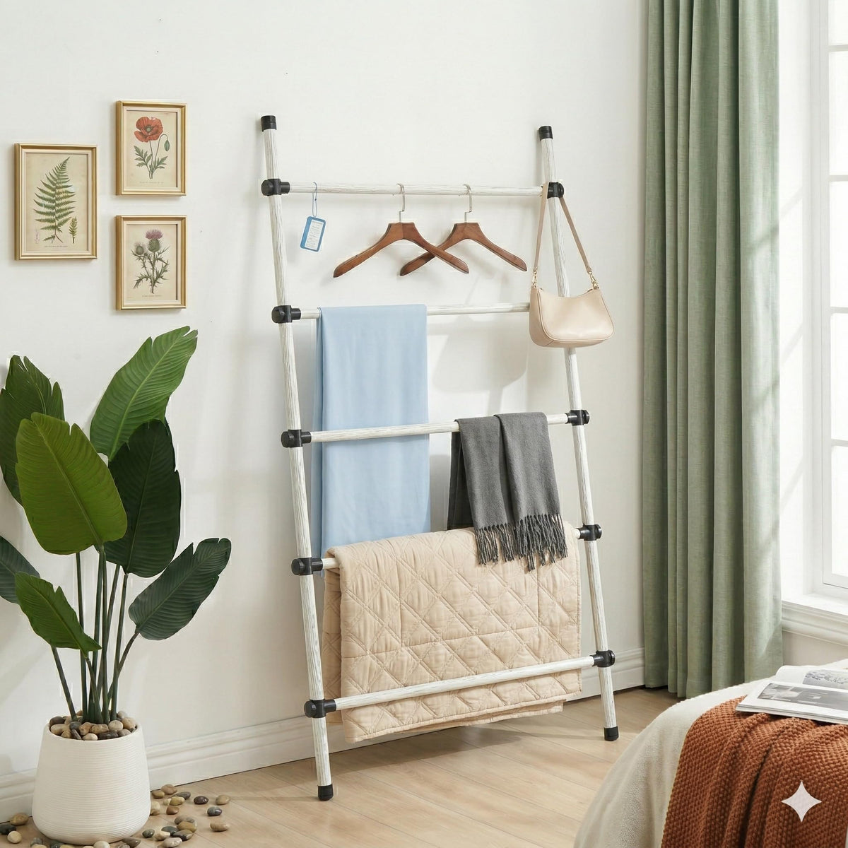 SIBRAD Metal Blanket Ladder, White 5-Tier Quilt Rack Holder - Image 1