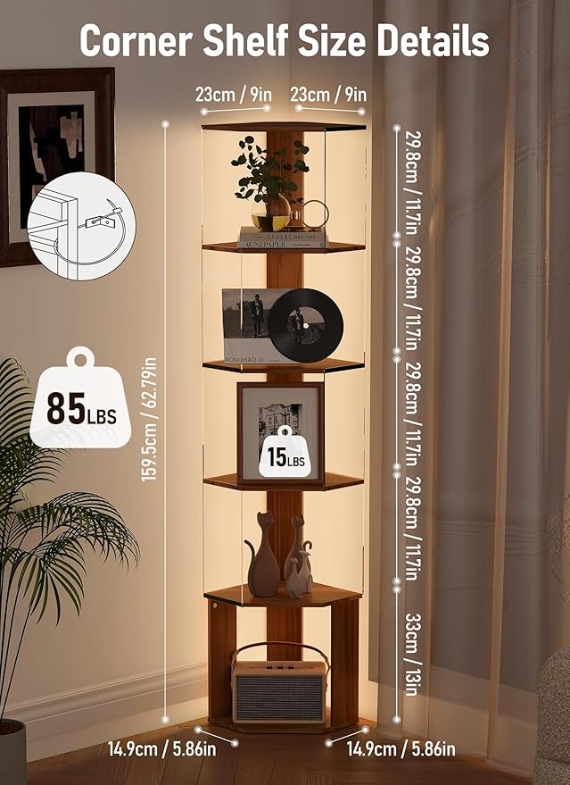 6 Tier Corner Display Rack with Light Clear Arylic Corner Shelves 63in Tall Cabinet with Dimmable LED Light for Display Curio Cabinet