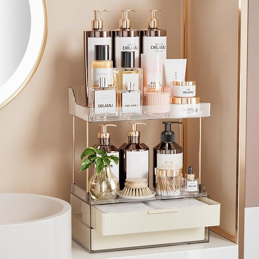 Delamu Bathroom Organizers and Storage, 2 Tier 2 Drawer Makeup Organizer Countertop, Easy to Install, Ideal for Bathroom Counter, Vanity, Ideal for Women Girls, Cream White