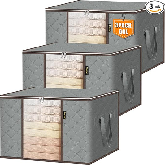 BALEINE 3 Pack Clothes Storage Bags, 16 Gallon Storage Containers with Reinforced Handle, Sturdy Zipper, Closet Organizer for Blanket, Comforter, Pillow, Bedding (Grey, 3 Pack)