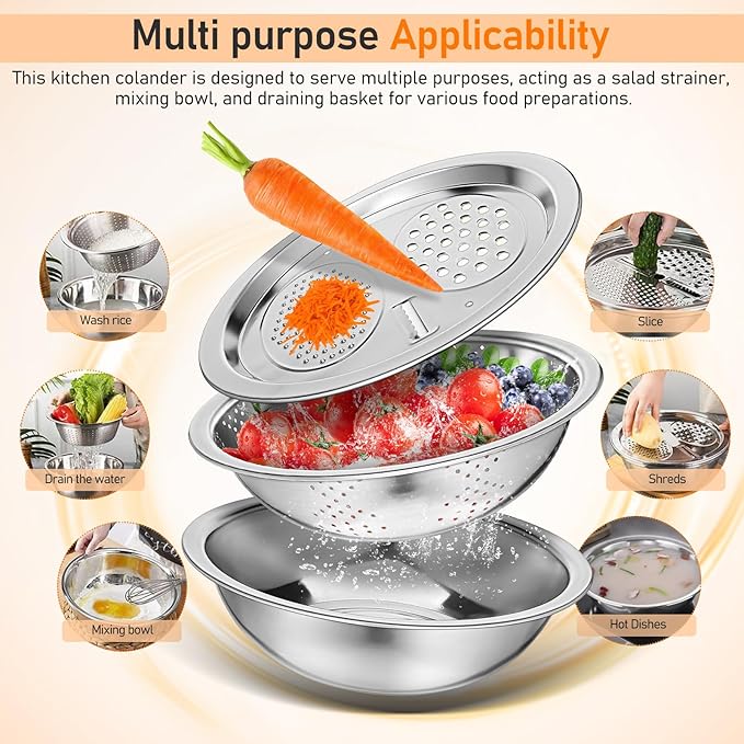 Stainless Steel Wash Basin with Drain Basket and Built-in Shredder Slicer Multifunctional Kitchen Colander for Washing and Draining Fruits and Vegetables 10X10X2.7 Inches