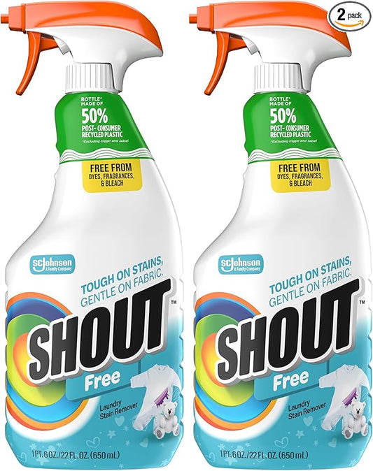 Shout Free Laundry Stain Remover, Active Enzyme Formula is Dye, Fragrance, and Bleach Free, Removes 100+ Types of Stains, including Baby Stains - 22oz Spray (Pack of 2)