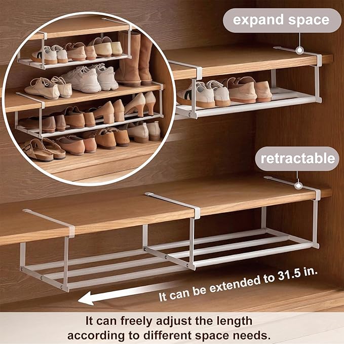 Expandable Shoe Rack Organizer - Adjustable Shoe Rack & Under Cabinet Shelf - for Shoe or Clothing Storage and Organization, Under Shelf Storage (White,4 Pcs)