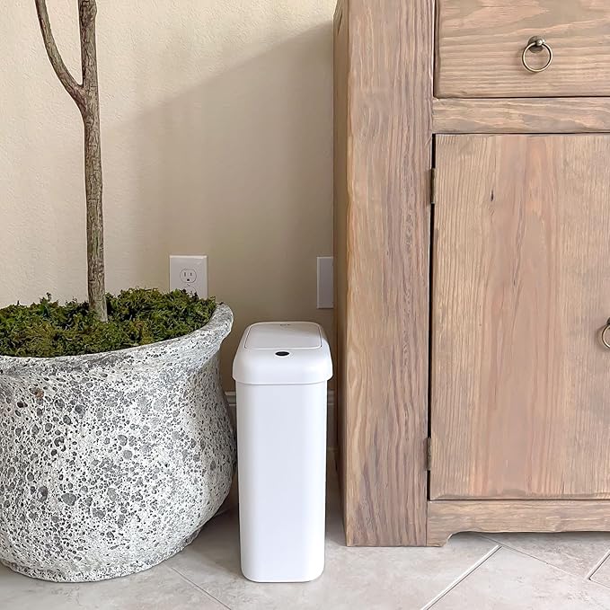 EKO Automatic Bathroom Trash Can with Lid, 2.6 Gallon Slim Touchless Garbage Can, Waterproof Motion Sensor Trash Bin for Bathroom, Office, Kitchen, White