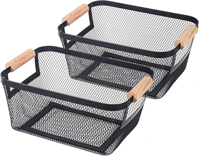 2-Pack Metal Mesh Basket, Small Wire Storage Organizer with Wood Handle for Kitchen Pantry, Bathroom, Cabinet, Closet, Picnic & Home Organization,Small, Black