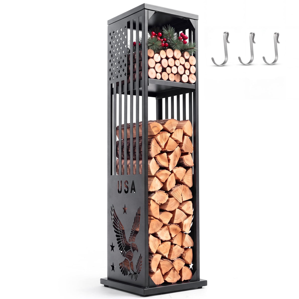 44" Firewood Rack Indoor with Shelf, Fireplace Log Holder - Image 1