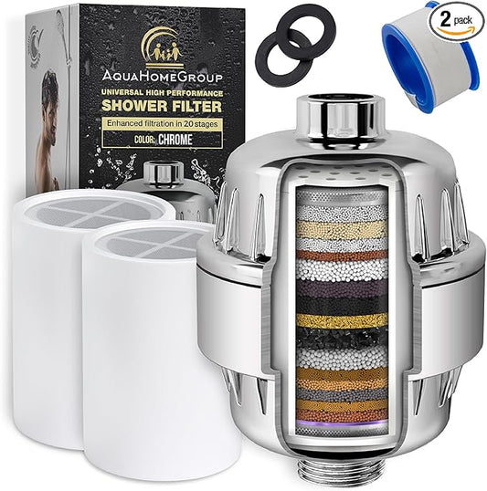 AquaHomeGroup 20 Stage Shower Head Filter with Vitamin C E A - High Output Filter to Remove Chlorine and Fluoride - 2 Cartridges Included - Consistent Flow Showerhead Filters