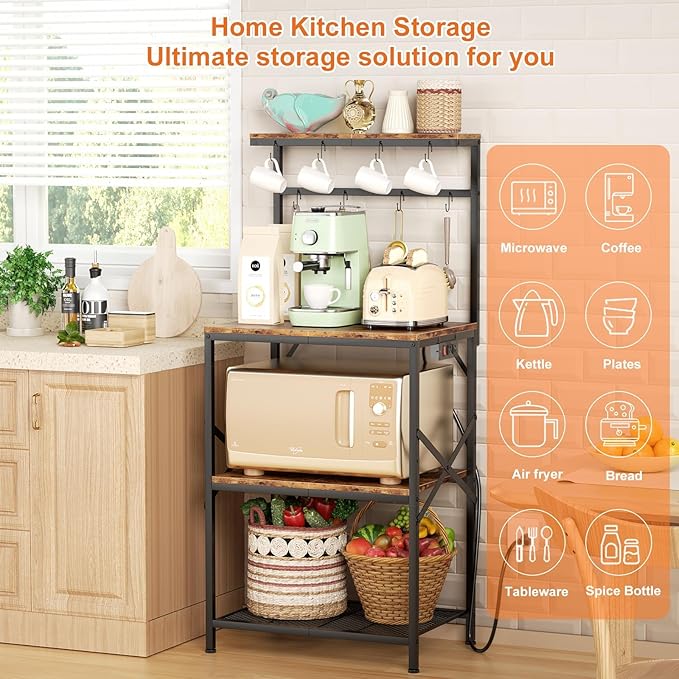 Kitchen Bakers Rack with Power Outlet, Small Coffee Bar Cart 4 Tiers, Microwave Stand Station with 8 S Hooks, Adjustable Shelf, Freestanding Kitchen Appliance Organizer, Rustic Brown