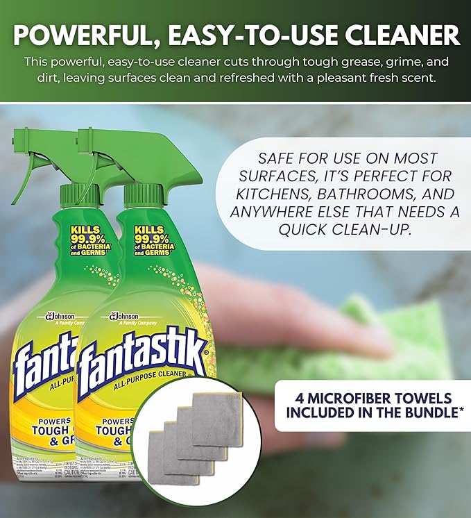 Fantastik Lemon Scent Multi-Purpose Cleaner Spray 32 oz Bundle with Microfiber Cloth - Multi-Surface Cleaner - Removes Grease & Grime - Leaves a Fresh, Clean Finish - (6 Items)